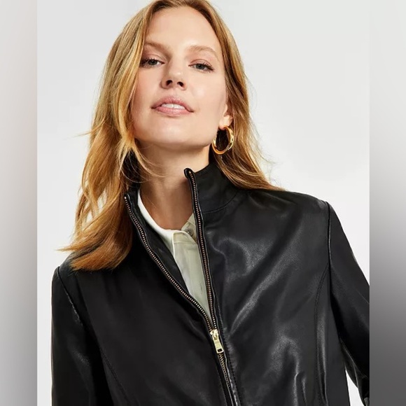 Cole Haan Women's Wing Collar Leather Coat Black $450 msrp - Picture 3 of 15